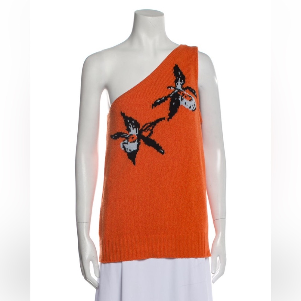 Prada Orange One-Shoulder Top with Black Floral Design